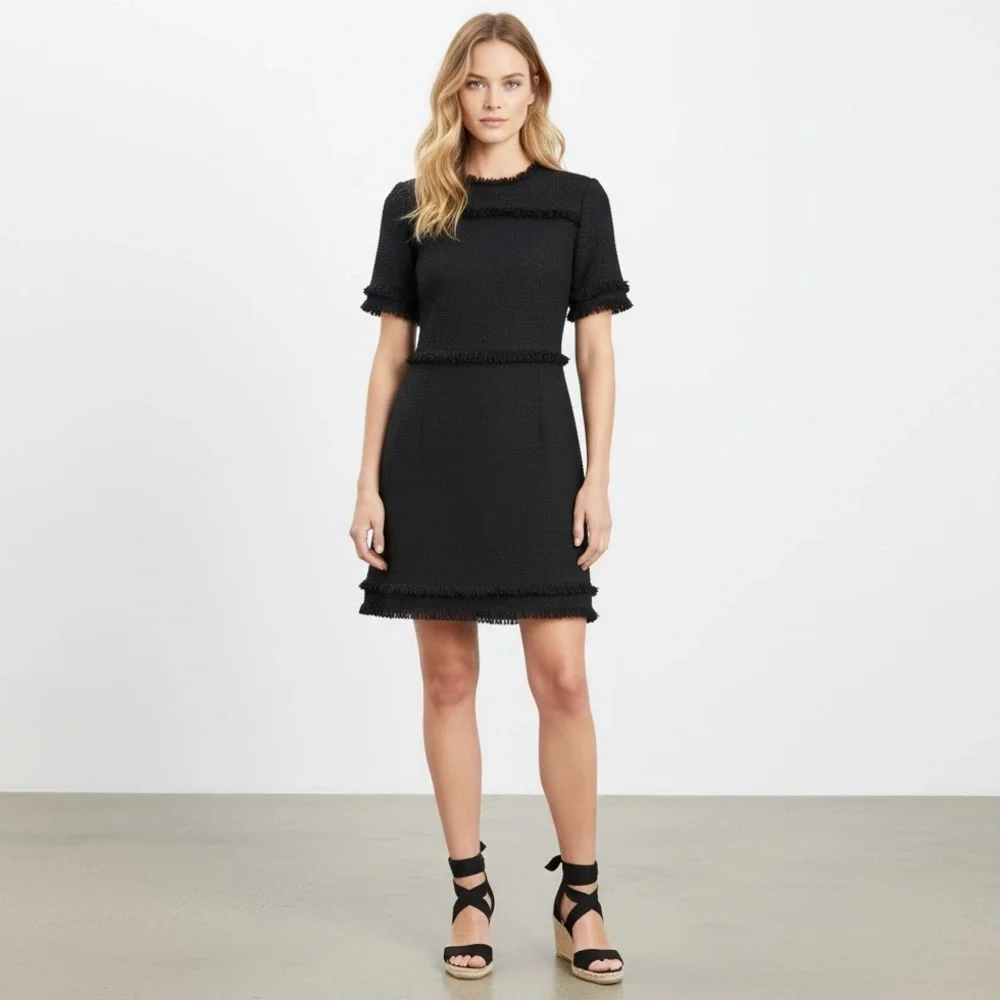 Kate Spade Black and Fringe Short Sleeve A-Line Tweed Midi Dress